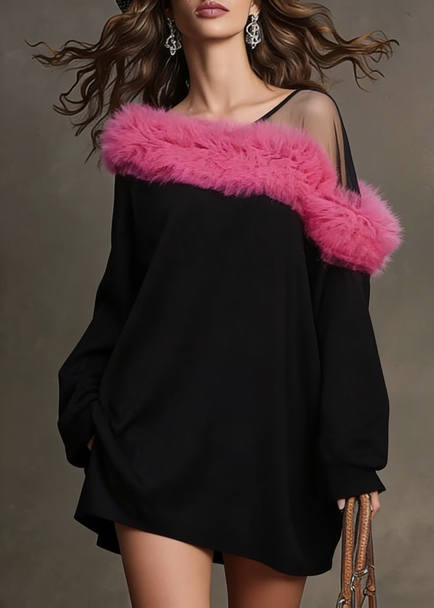 Black One Shoulder Patchwork Faux Fur Mini Dresses Spring