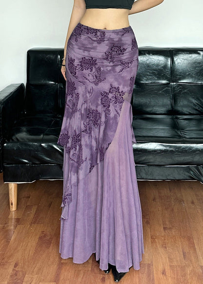 Novelty Purple Lace Up Tulle Patchwork Tops and Skirts Two-piece Set Spring