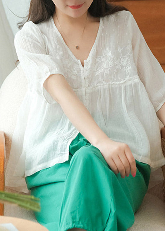 White V Neck Embroideried Patchwork Button Linen Shirt Half Sleeve