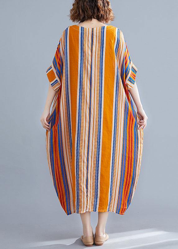 Orange Cashews O-neck Striped Summer Cotton Maxi Dresses