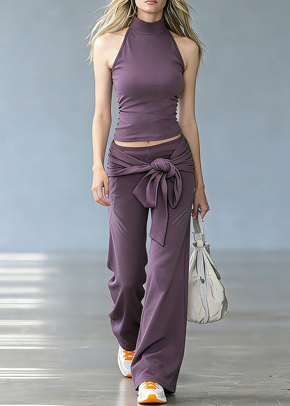 Purple Turtleneck Top and Wide Leg Pants Two Pieces Set Summer
