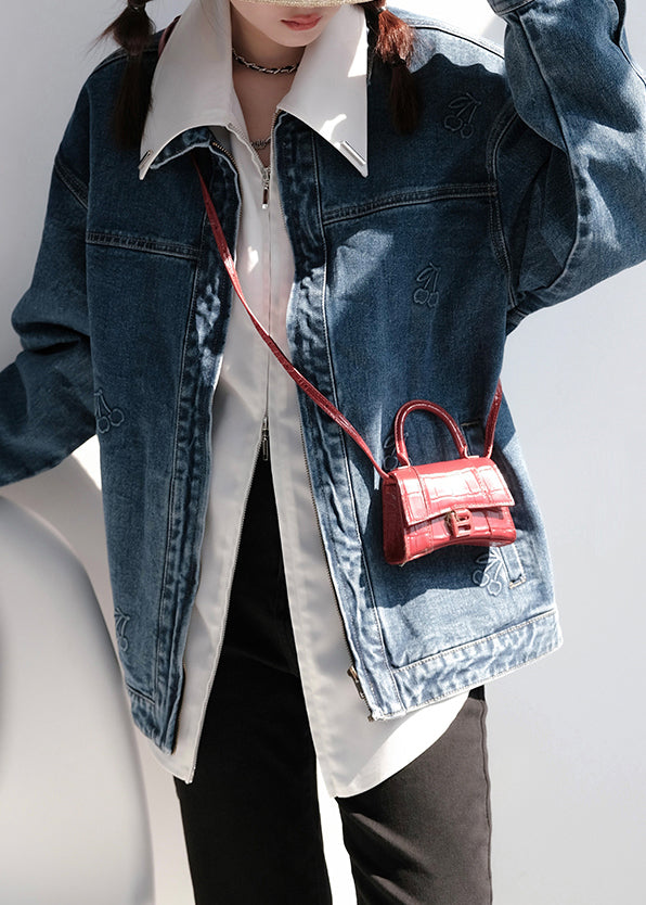 Classy Denim Blue Stand Collar Patchwork Pockets Coats Fall