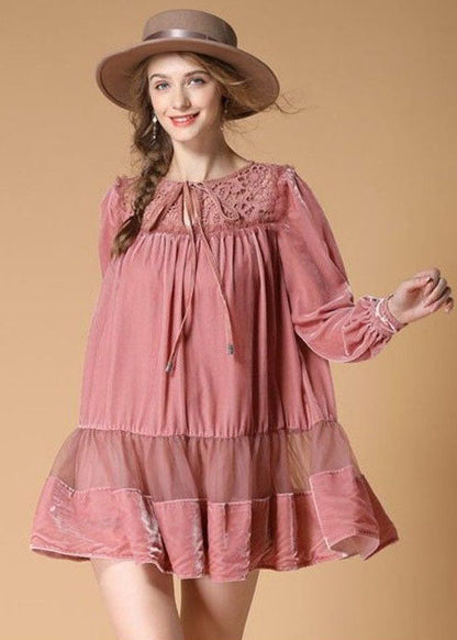 Pink Embroideried Lace Up Patchwork Velour Dress Spring