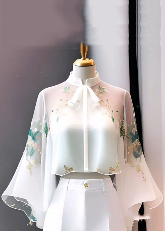 Chinese Style White Stand Collar Embroidered Chiffon Flare Sleeve Fall