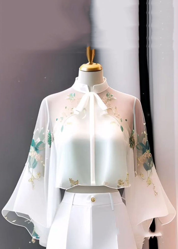 Chinese Style White Stand Collar Embroidered Chiffon Flare Sleeve Fall