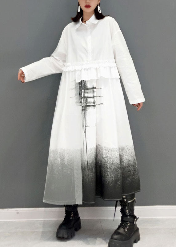 Loose White Peter Pan Collar Print Shirt Dresses Spring