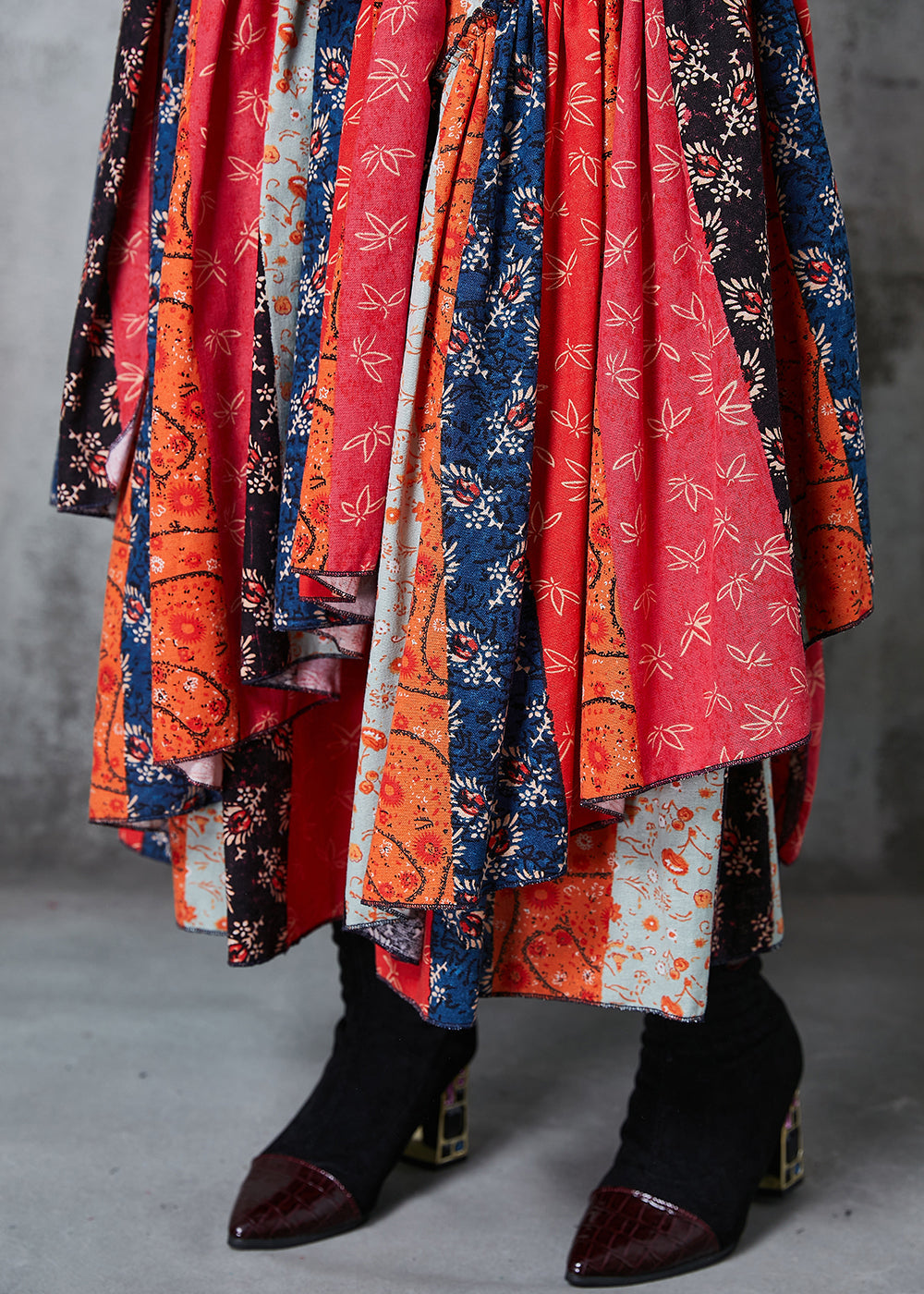 Red Asymmetrical Patchwork Cotton Skirt Spring