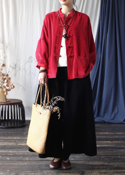 Red Chinese Button Pockets Corduroy Jackets Spring