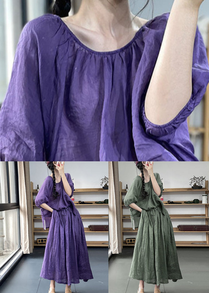 Loose Purple O-neck Tops and Skirts Cotton Two Pieces Set Summer