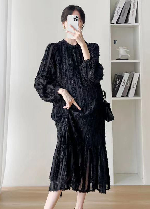 Black Stand Collar Wrinkledpatchwork Lace Dress Fall