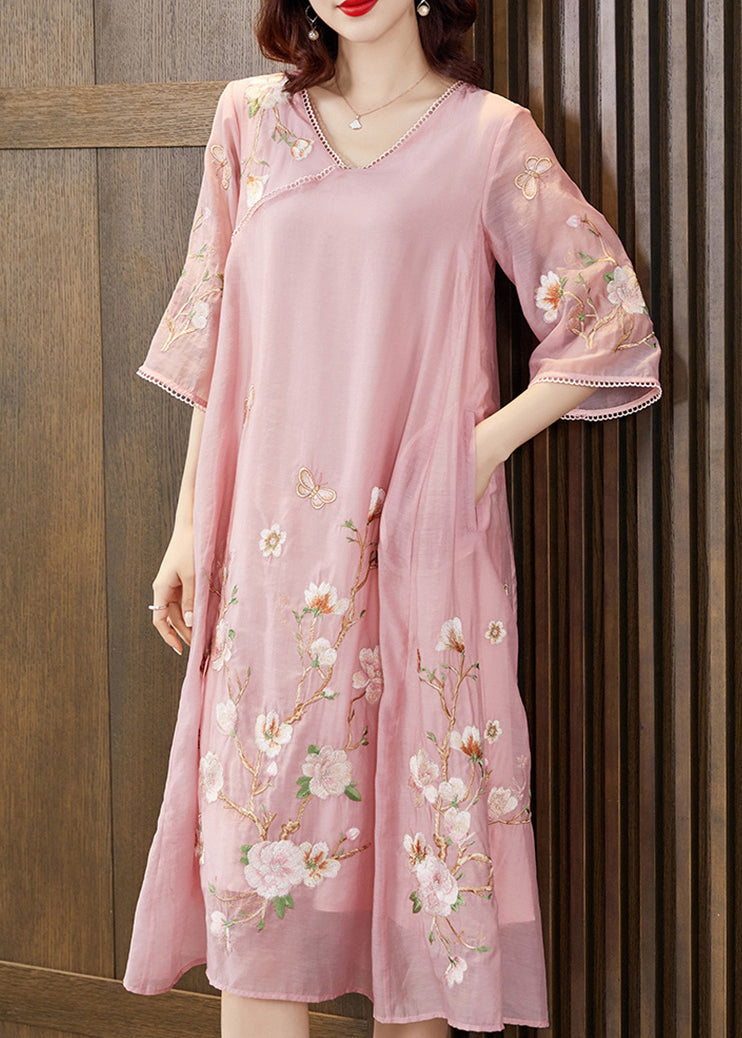 New Pink Embroidered Pockets Silk Cotton Dress Half Sleeve Summer