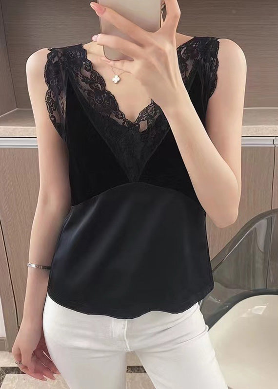 Black Lace Patchwork Silk Tanks Sleeveless