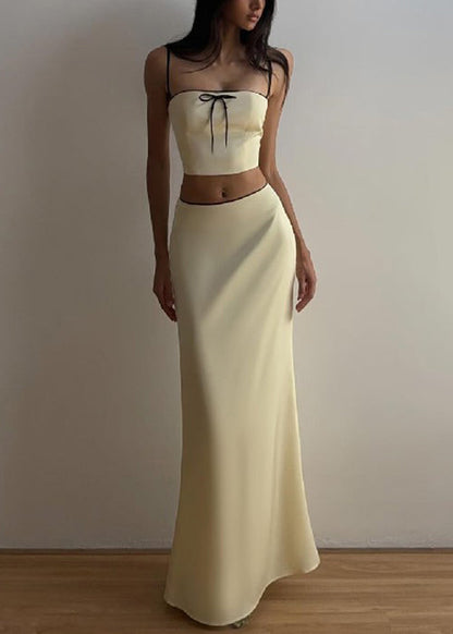 Yellow Bow Spaghetti Strap Tank and Skirts Silk Two Pieces Set Sleeveless
