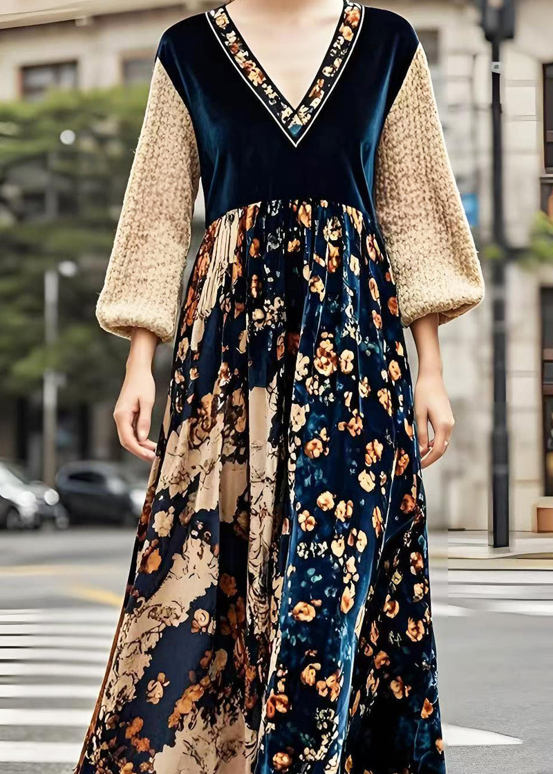 V Neck Patchwork Print Silk Velour Maxi Dresses Spring