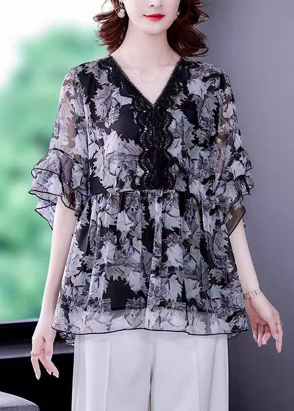 Black V Neck Ruffled Print Chiffon Shirt Half Sleeve