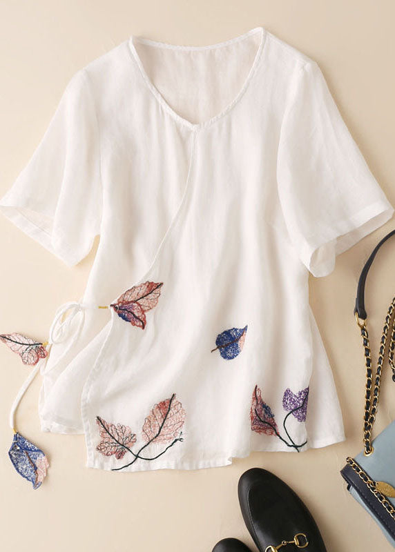 White Embroideried Tie Waist Linen Tank Summer