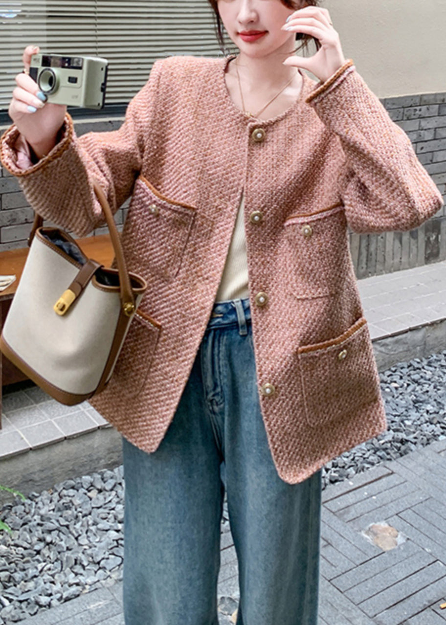 Pink O Neck Button Pockets Coat Fall