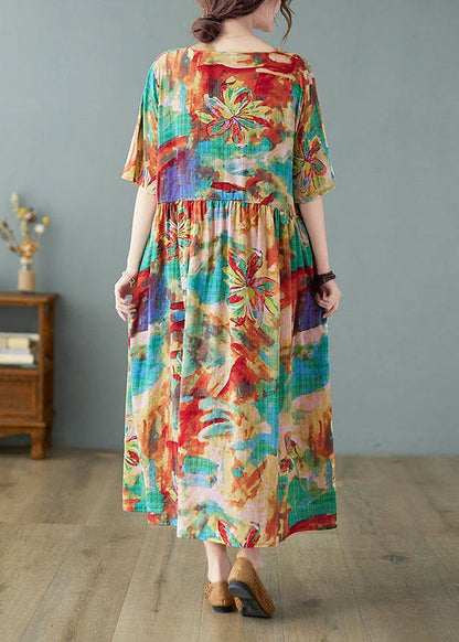Handmade Print V Neck Patchwork Pockets Summer Long Dresses Half Sleeve