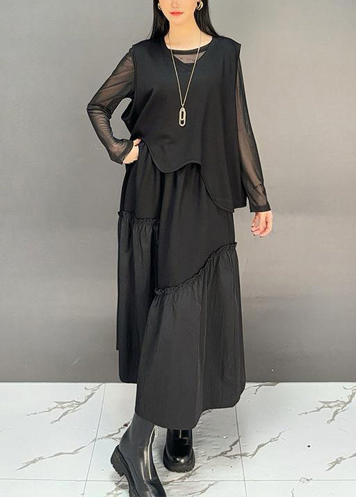 French Black Asymmetrical Ruffled Waistcoat and Skirts Two-piece Set Sleeveless