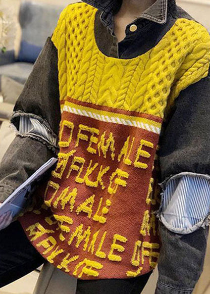 Yellow Denim Patchwork Loose Jacquard Fall Knit Top