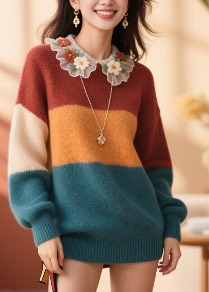 Style Colorblock O Neck Patchwork Knit Pullover Fall