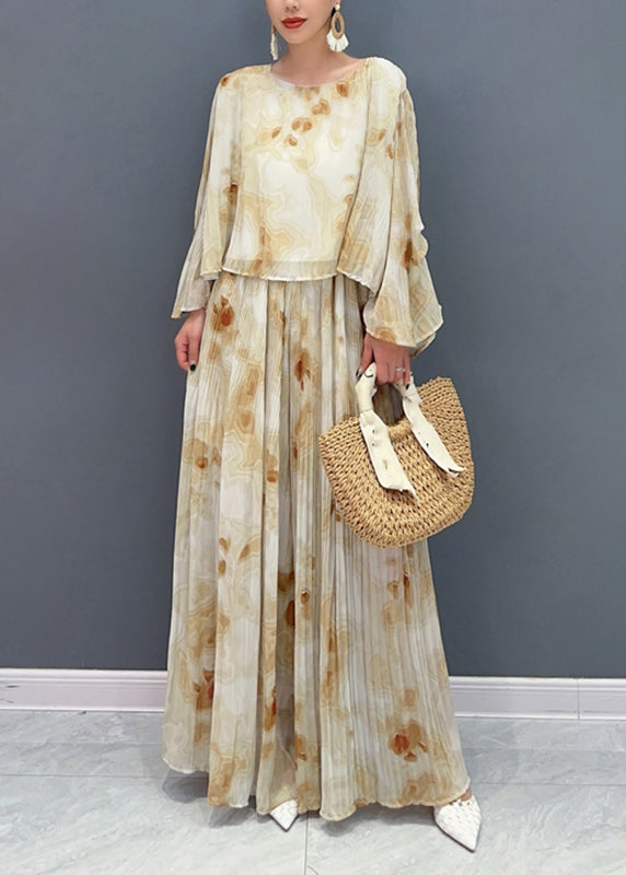 Yellow Print Chiffon Top and Maxi Skirts Two Pieces Set Flare Sleeve