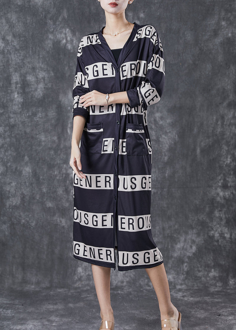 Black V Neck Letter Print Cotton Dresses Spring