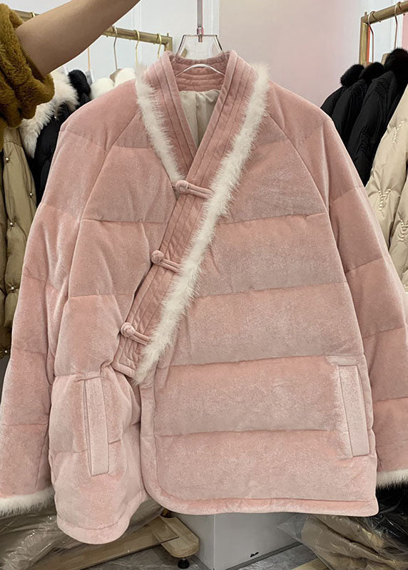 Pink Chinese Button Patchwork Fine Cotton Filled Winter Coats