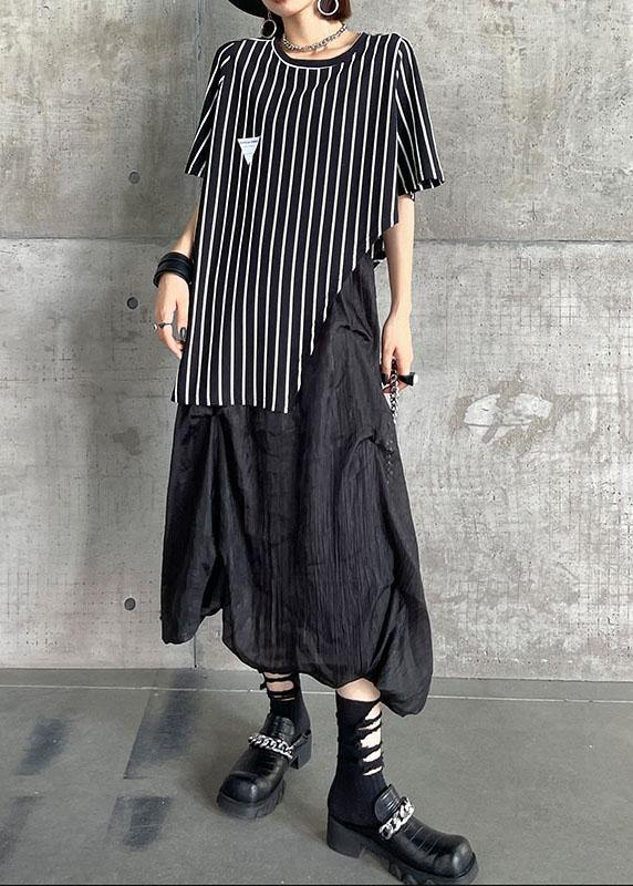 Stylish Black Striped Summer Asymmetrical Design Short Sleeve Tops