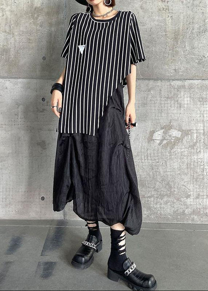 Stylish Black Striped Summer Asymmetrical Design Short Sleeve Tops