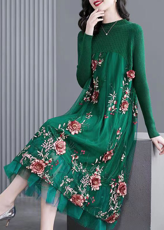 Natural Green Embroideried Patchwork Knit Long Dress Spring