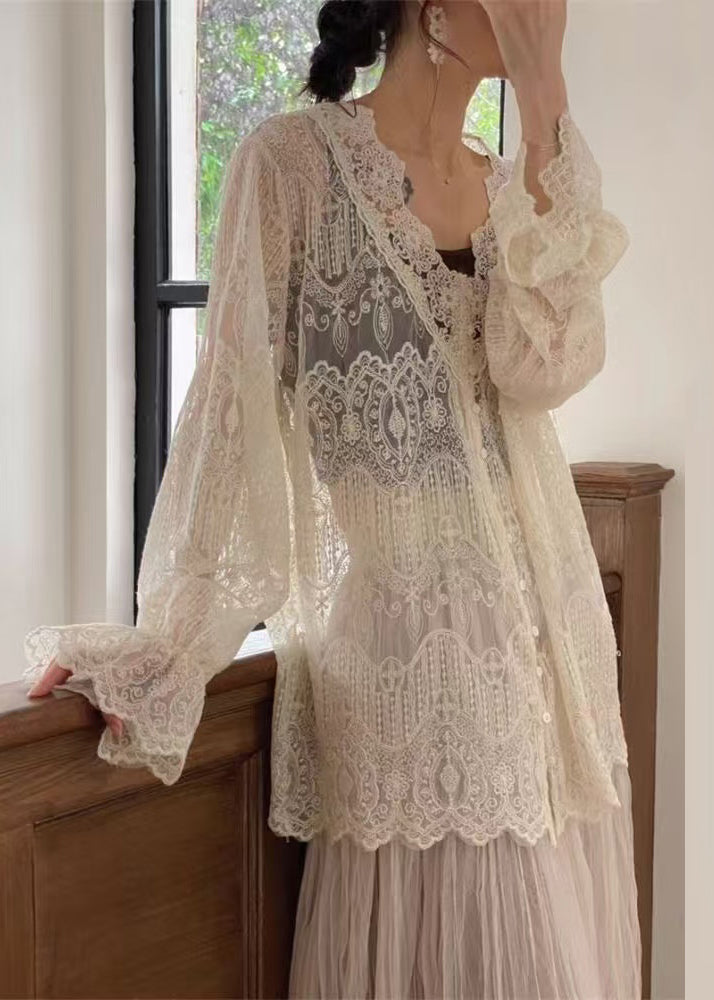 Apricot V Neck Button Lace Shirt Butterfly Sleeve