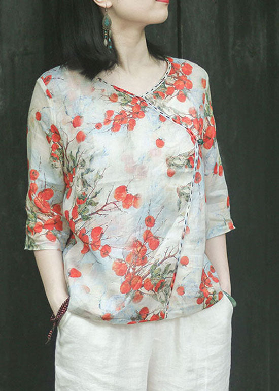 Slim Fit Light Green Button V Neck Linen Tops Three Quarter Sleeve
