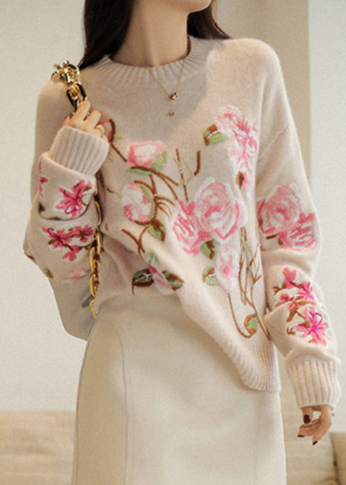 Apricot O-neck Embroideried Patchwork Woolen Top Fall