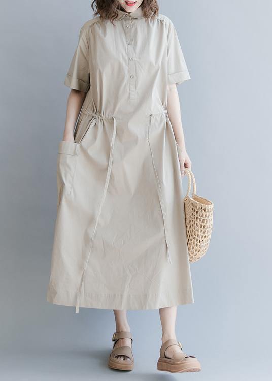 Drawstring Cotton Summer Clothes for Runway Khaki Long Dresses