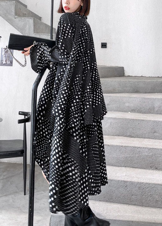 Diy Black Dot Asymmetrical Design Print Fall Shirts Long Sleeve Dress