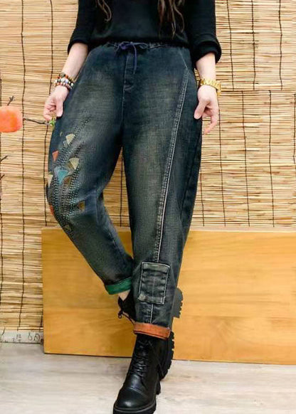 Diy Colorblock Elastic Waist Drawstring Pockets Patchwork Cotton Denim Pants Fall