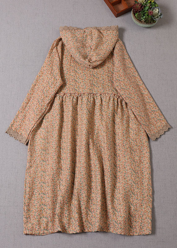 Khaki Hooded Print Cotton Holiday Dress Spring