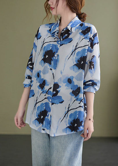 Blue Peterpan Collar Button Print Fall Tops Long Sleeve