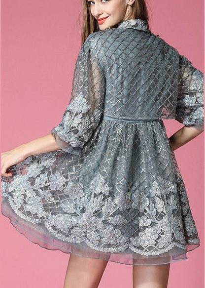 Grey Organza Patchwork Hollow Out Bow Waist Fall Half Sleeve Coat