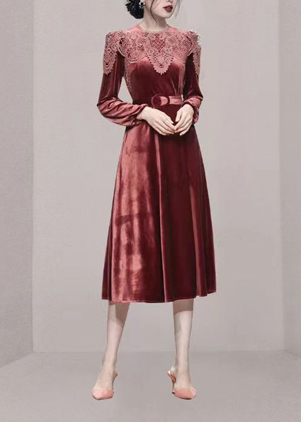 Brick Red Lace Tunic Patchwork Velour Long Dresses Fall