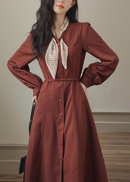 Slim Fit Red Bow Button Pockets Maxi Dress Spring