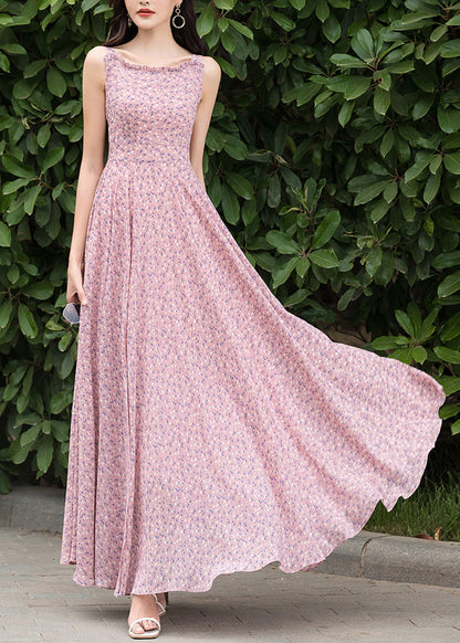 Pink Print Chiffon Cardigan and Slip Dress Two Pieces Set Spring