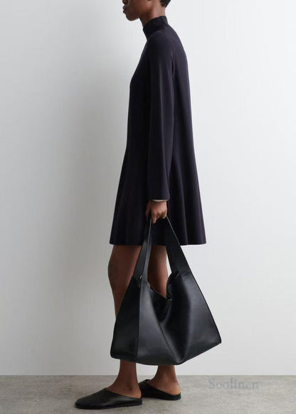 Black Stand Collar Knit Day a Line Dress Fall