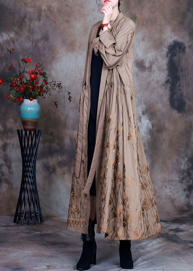 Art Khaki Embroideried Drawstring Spring Trench Coats