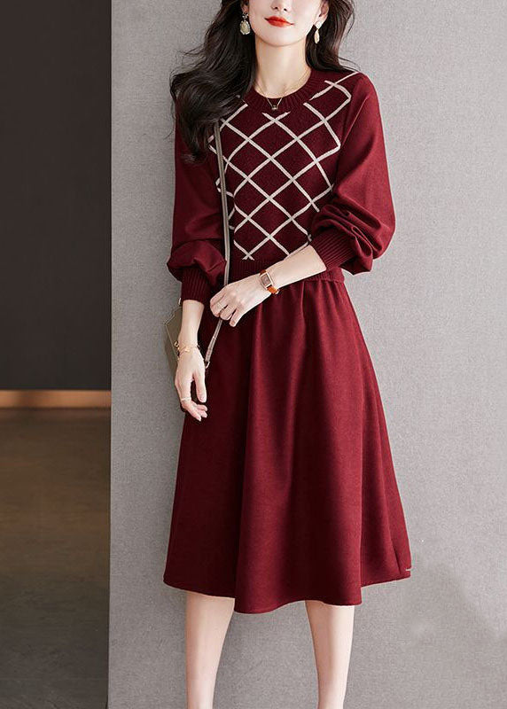 Red O Neck False Two Patchwork Wool Dresses Spring