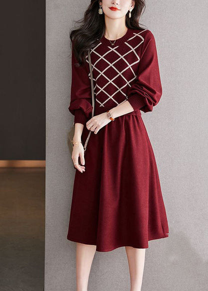 Red O Neck False Two Patchwork Wool Dresses Spring
