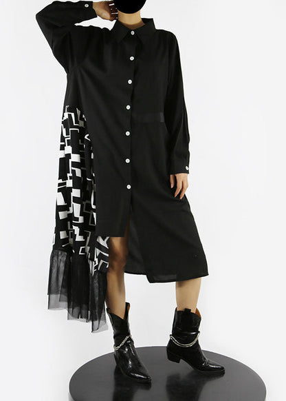Loose Black Button Asymmetrical Design Peter Pan Collar Patchwork Shirt Dresses Spring