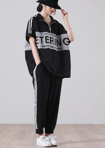 Unique Black Patchwork Cotton Summer Two Piece Set Clothing