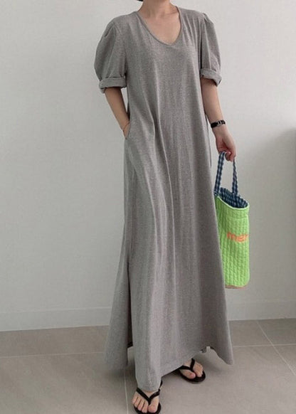 Loose Grey O-neck Cozy Knit Long Dress Summer